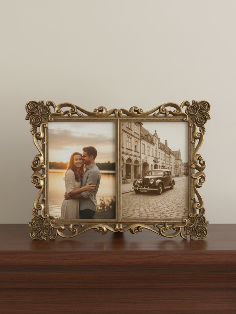Ornate Gold-Tone Double Picture Frame — Rose & Scroll Filigree